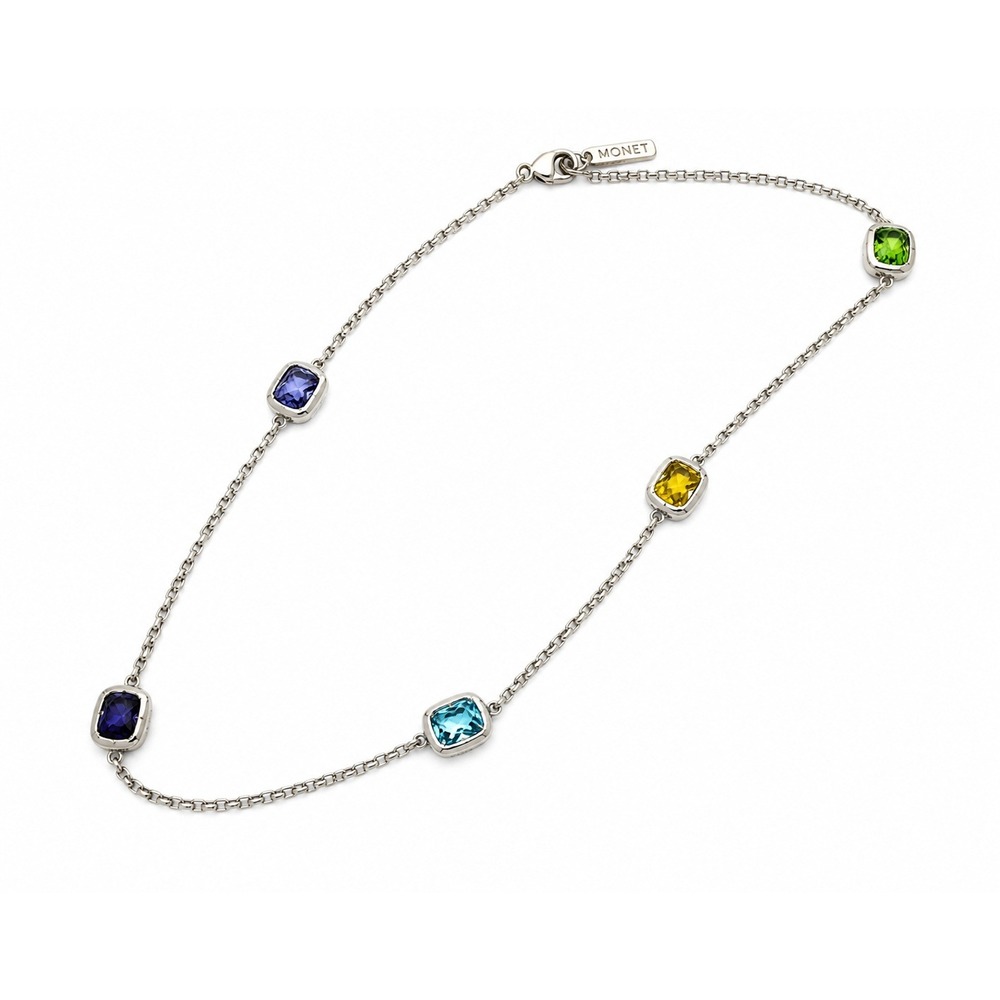 Monet Vintage Silver Tone Station Necklace 15.5" Multi Color Crystal Signed‎